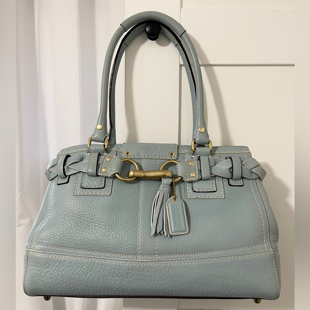 Coach Bag Purse Hamptons Pebbled Leather Carryall Satchel Blue 10529